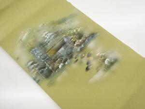 縮緬地金彩手描き家屋に木々・山模様名古屋帯